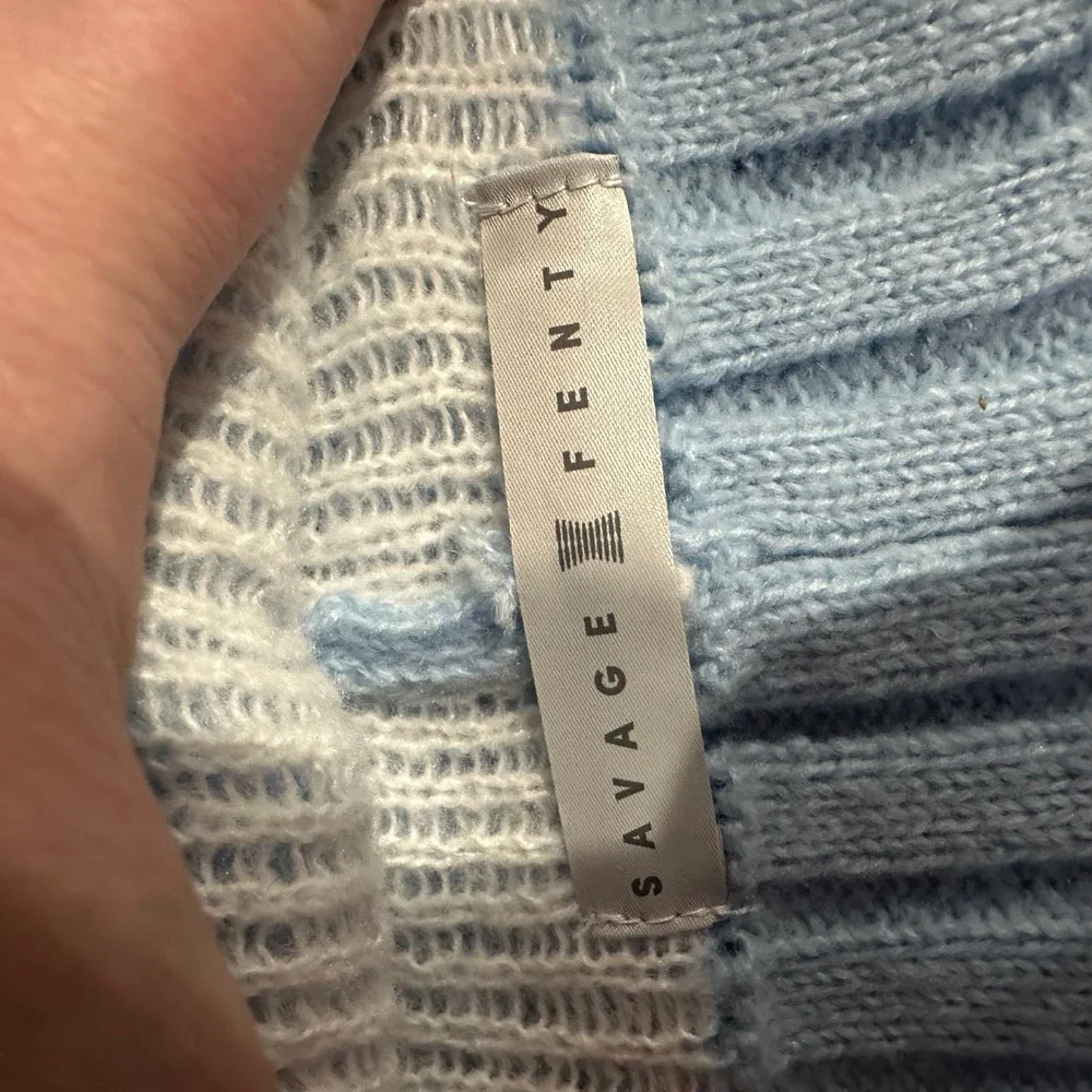 Savage X Fenty Blue Knit Pom Pom Beanie Hat Logo Fair Isle Pastel‎ Winter Cap